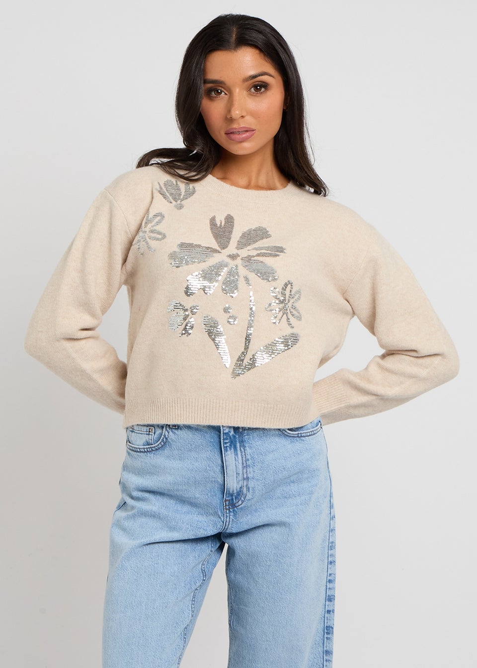 Urban Bliss Cream Floral Sequin Placement Jumper