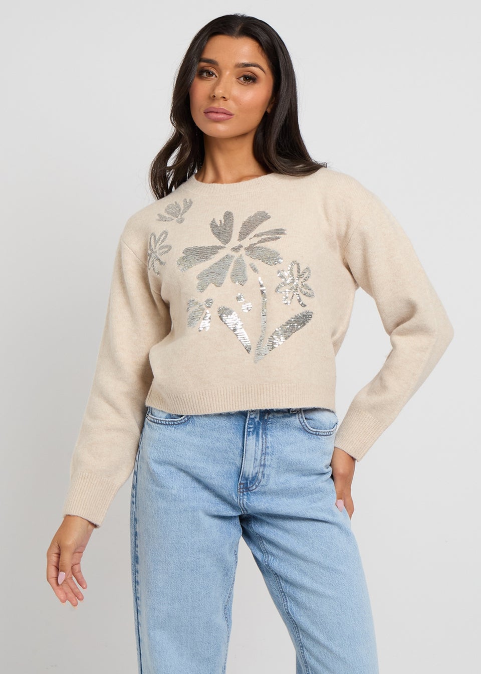 Urban Bliss Cream Floral Sequin Placement Jumper