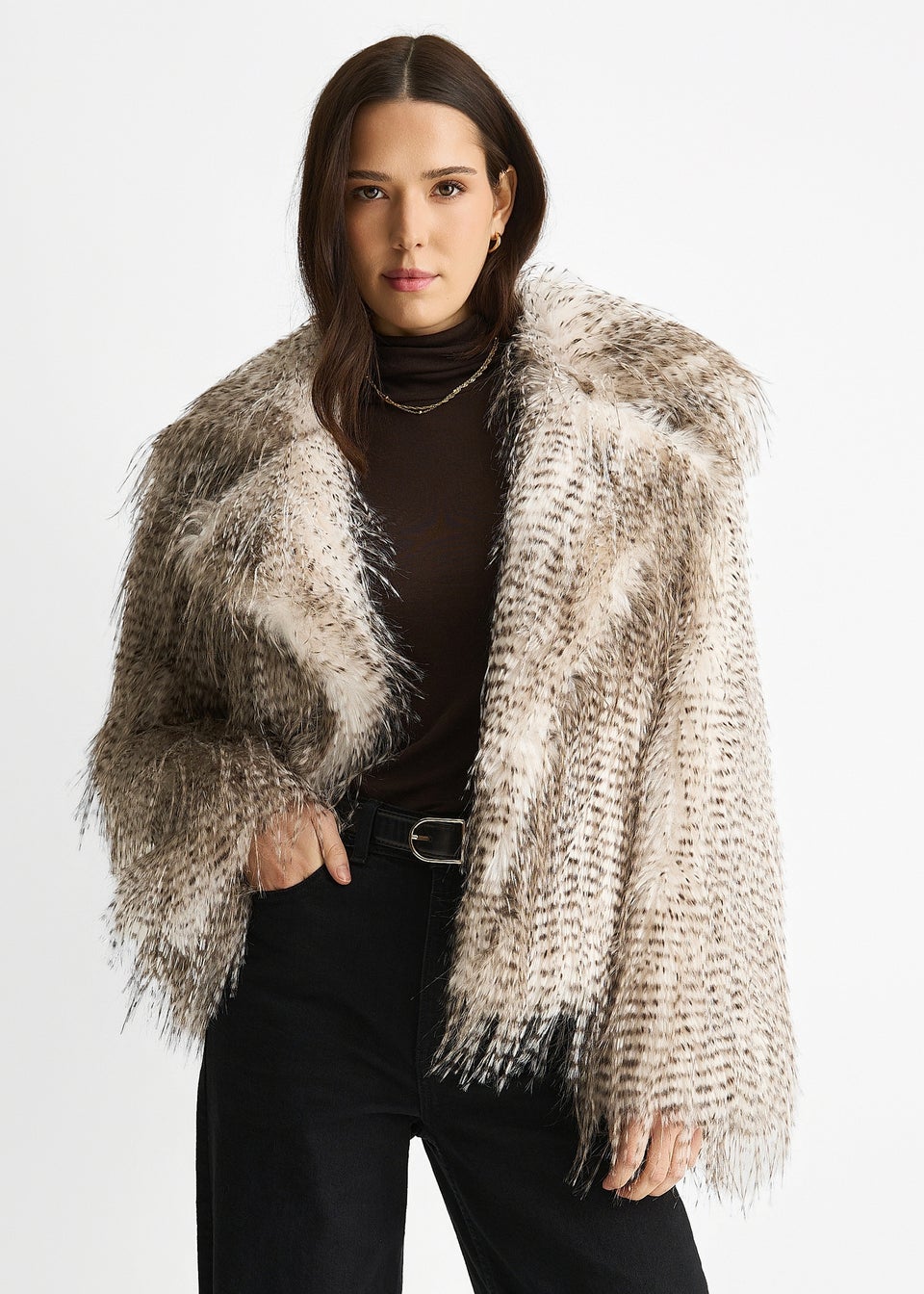 Gini London Brown Snow Leopard Faux Fur Short Jacket