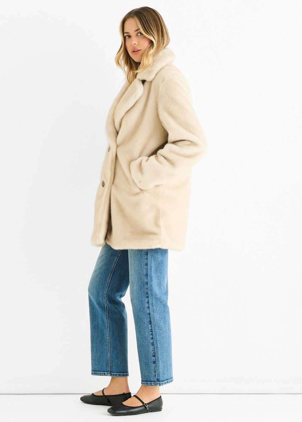 Gini London Beige Faux Fur Double Breasted Longline Jacket
