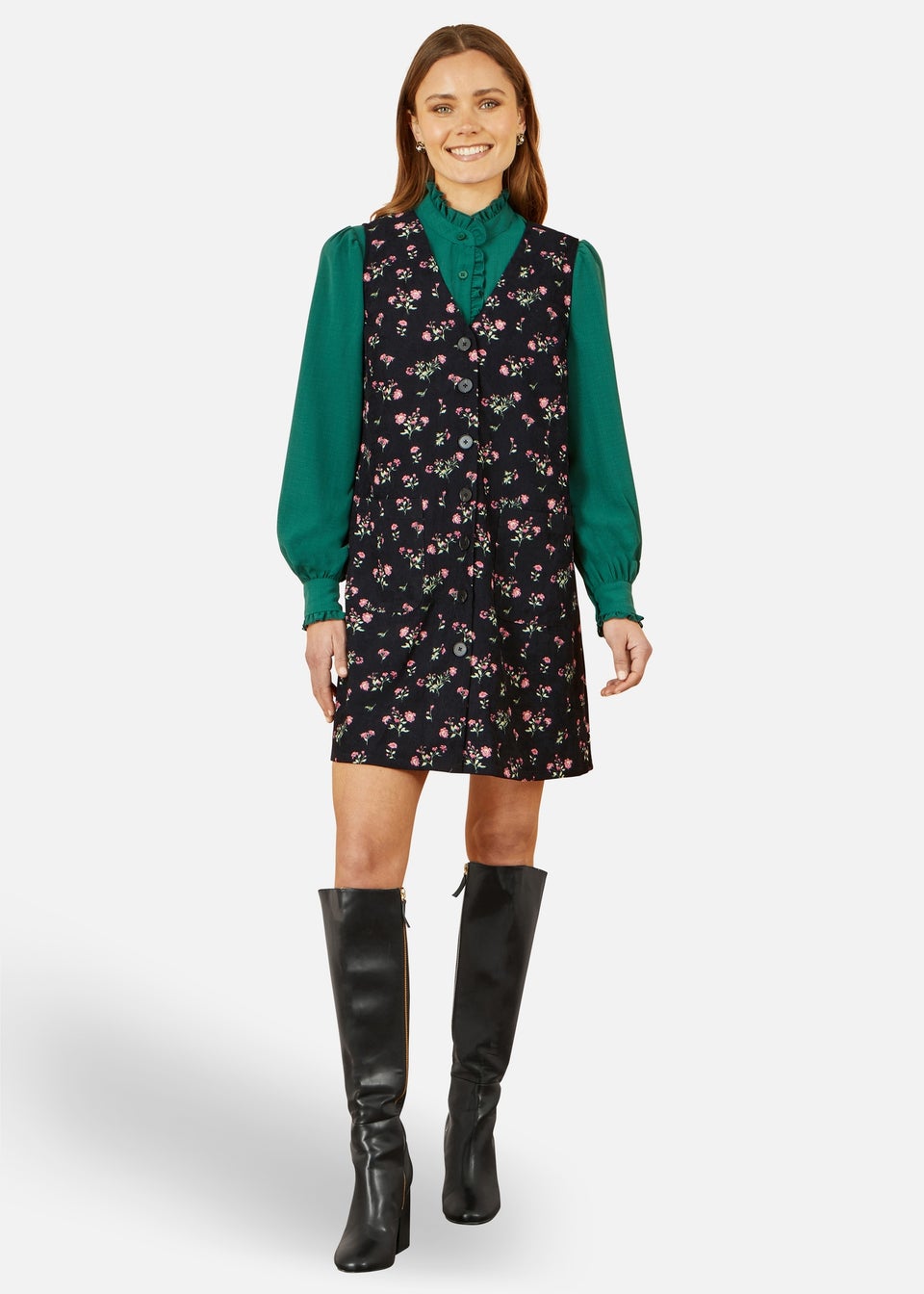 Yumi Black Floral Print Pinafore Dress With Button Up
