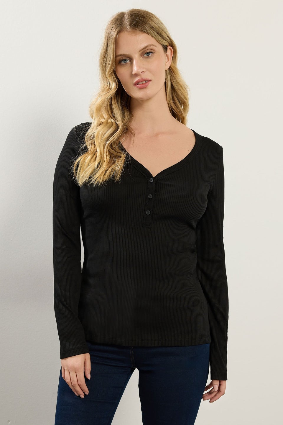 Long Tall Sally Black Cotton Ribbed Henley Top