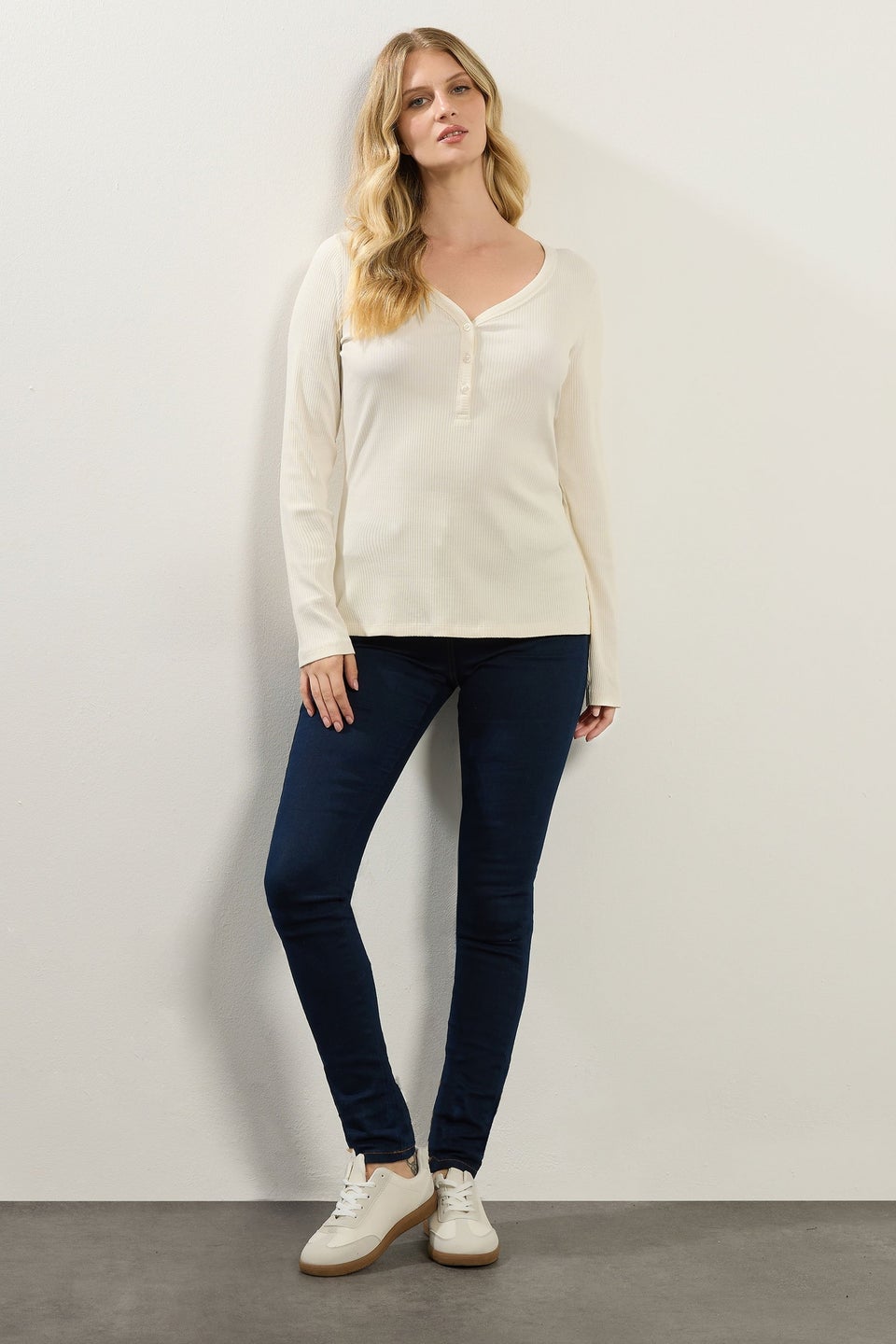 Long Tall Sally Ivory White Cotton Ribbed Henley Top
