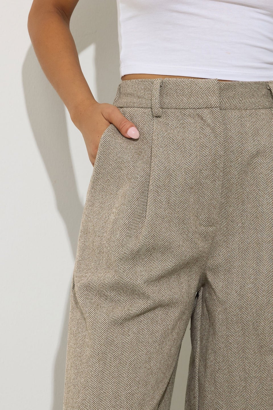 PixieGirl Petite Camel Brown Herringbone Wide Leg Trousers