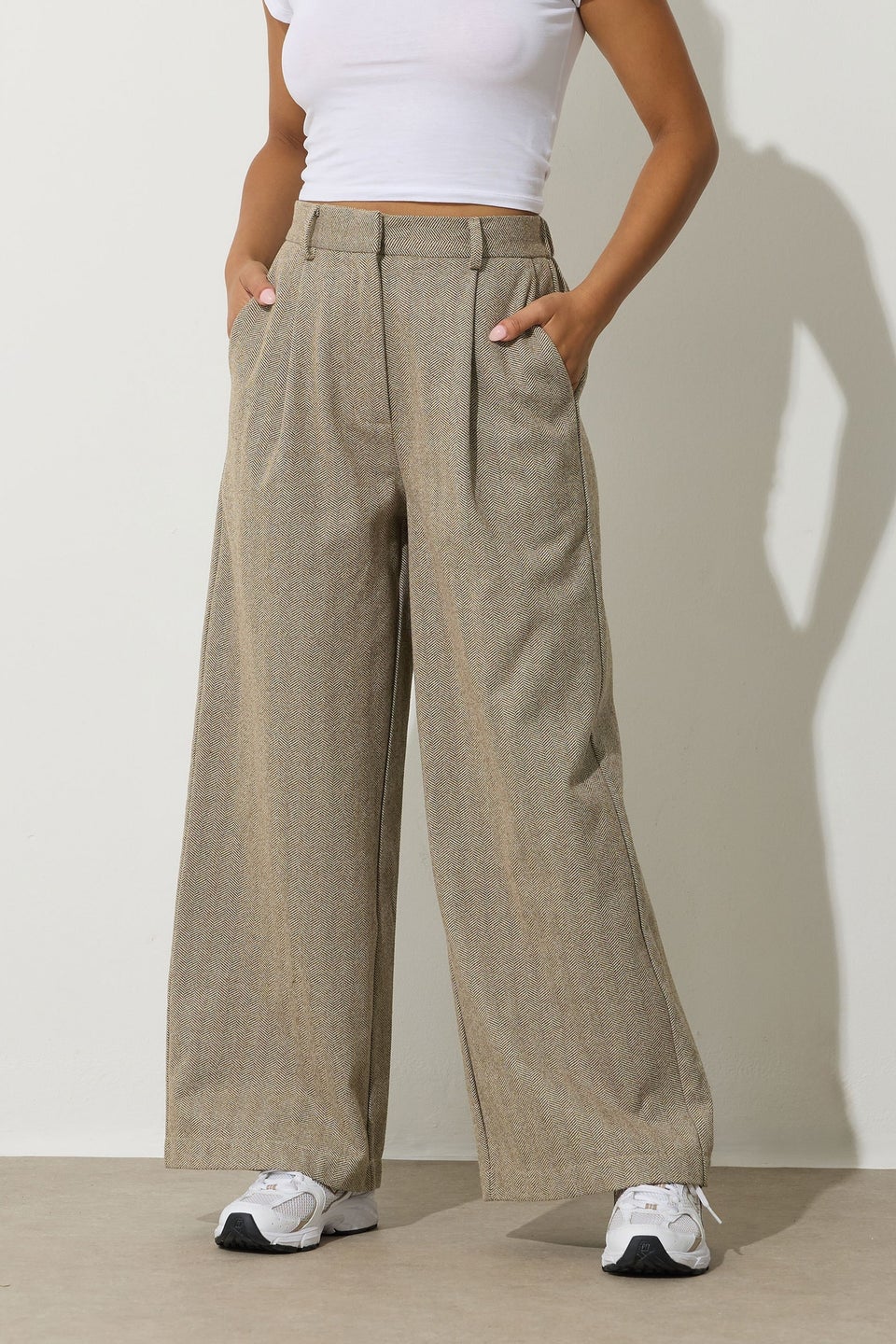 PixieGirl Petite Camel Brown Herringbone Wide Leg Trousers