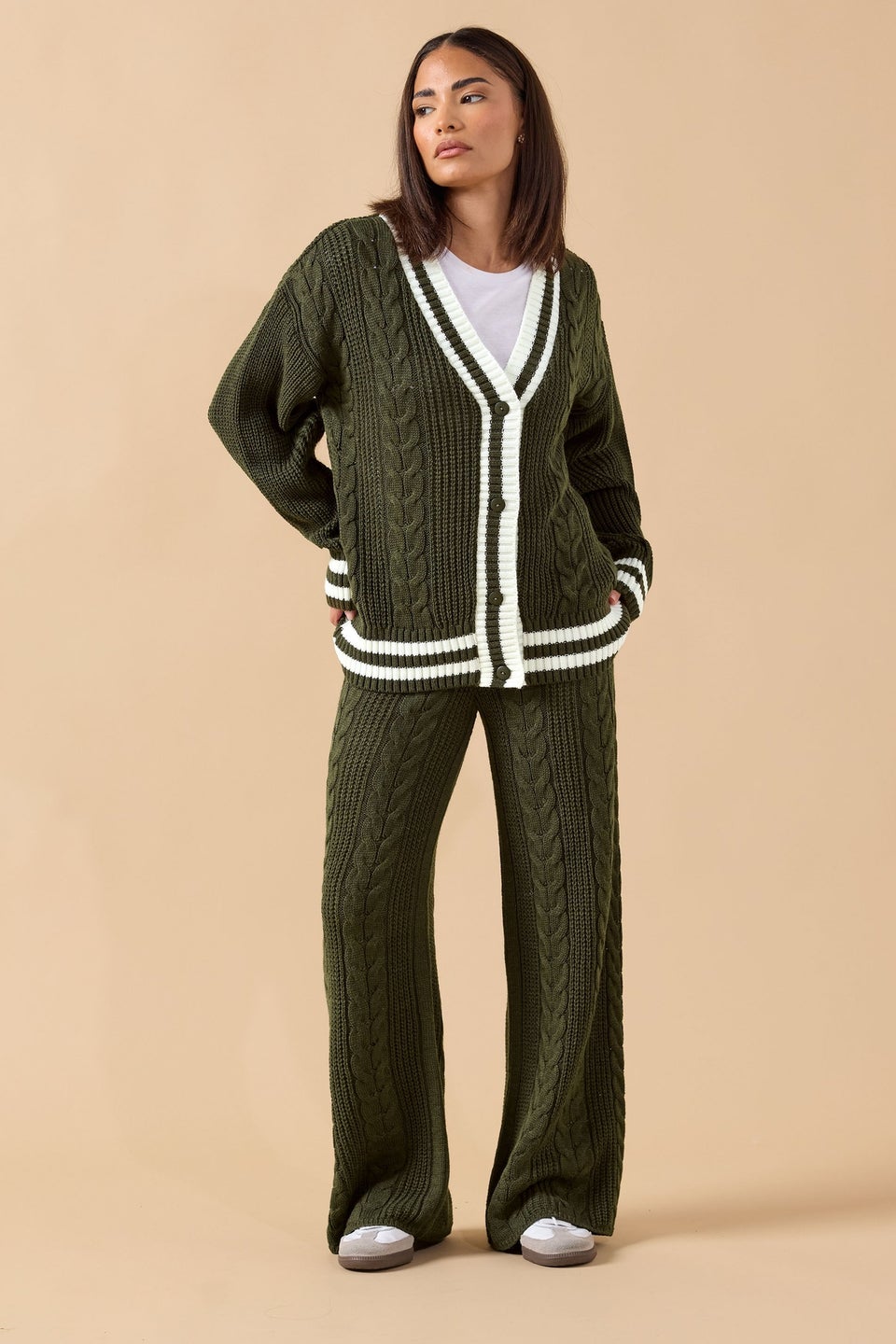 PixieGirl Petite Khaki Green Contrast Cable Knit Cardigan