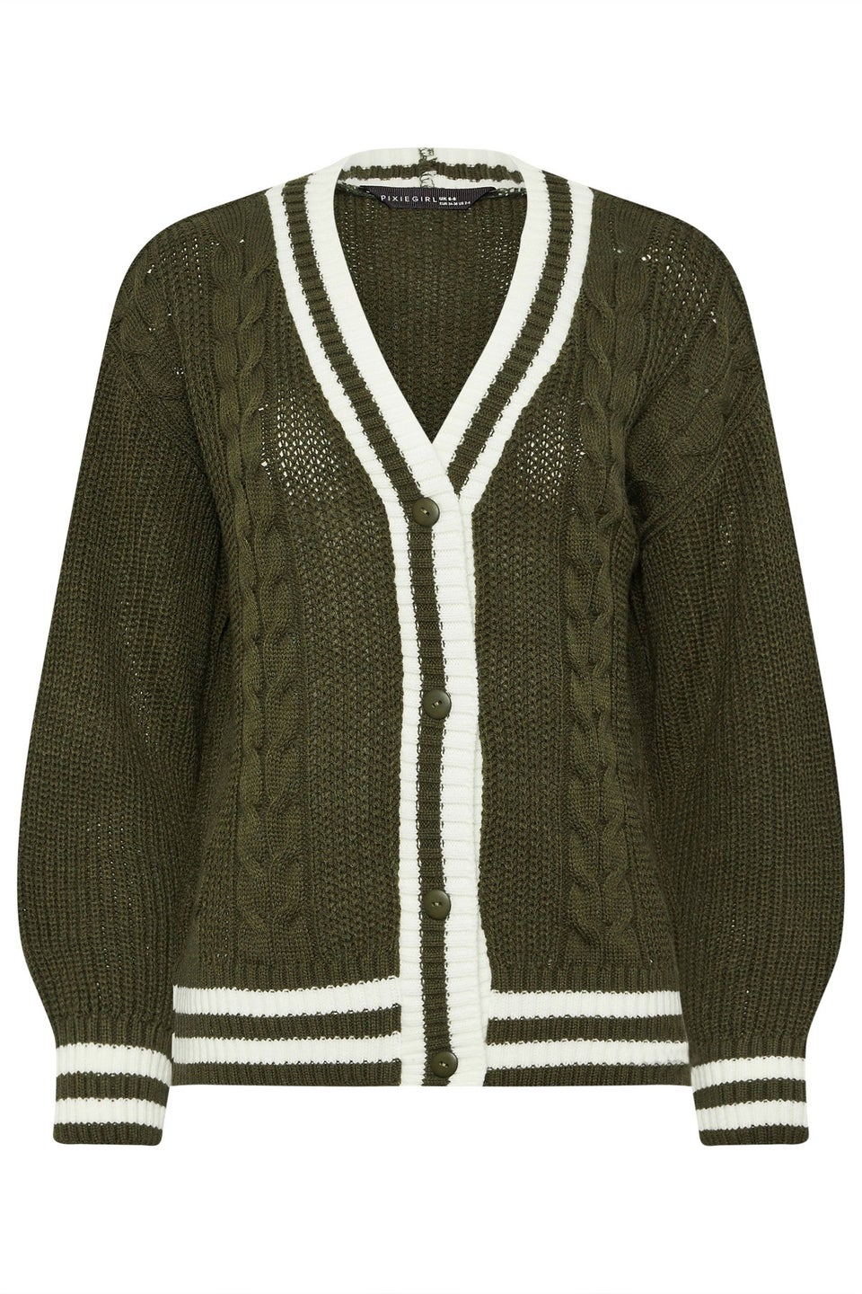 PixieGirl Petite Khaki Green Contrast Cable Knit Cardigan