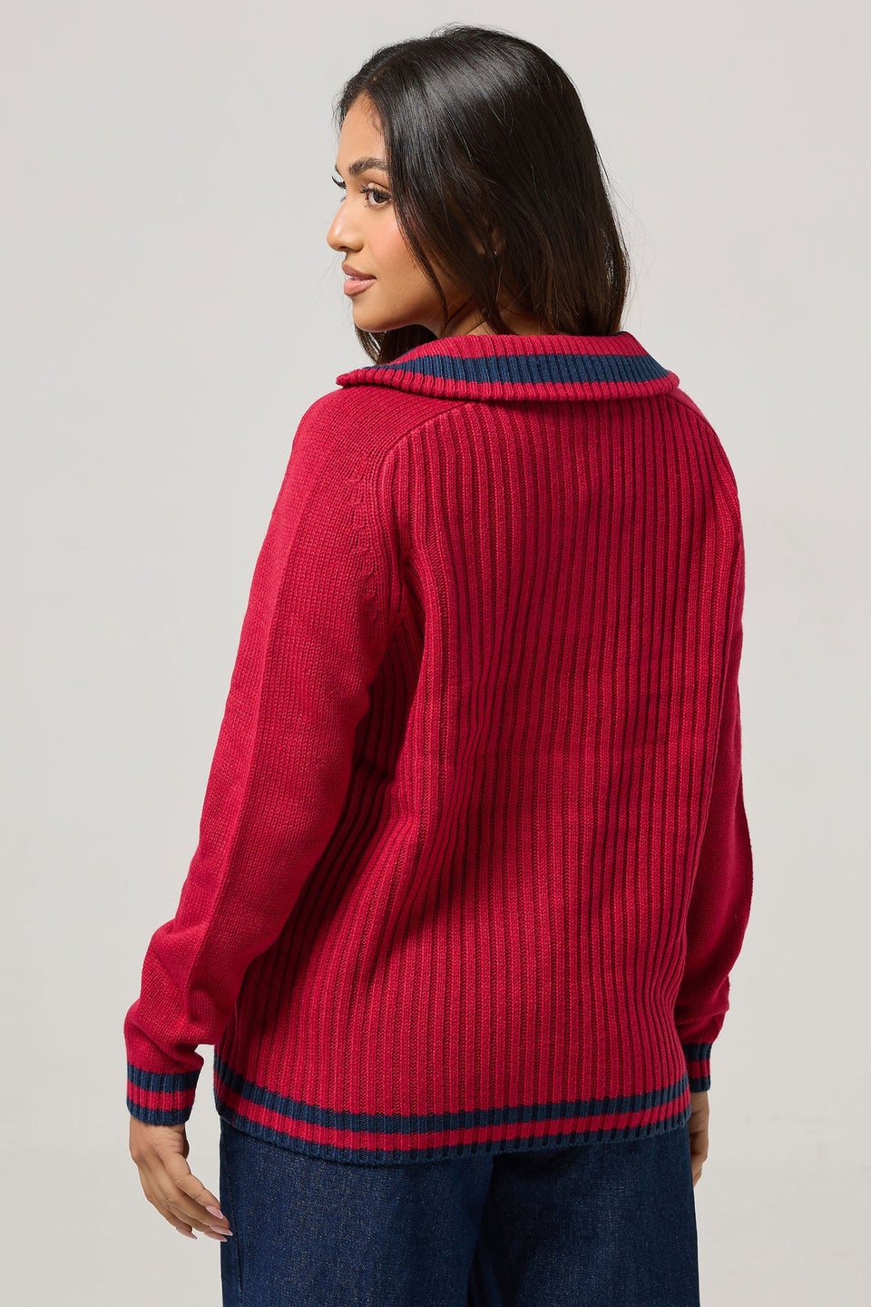 PixieGirl Petite Red Knitted Stripe Quarter Zip Jumper