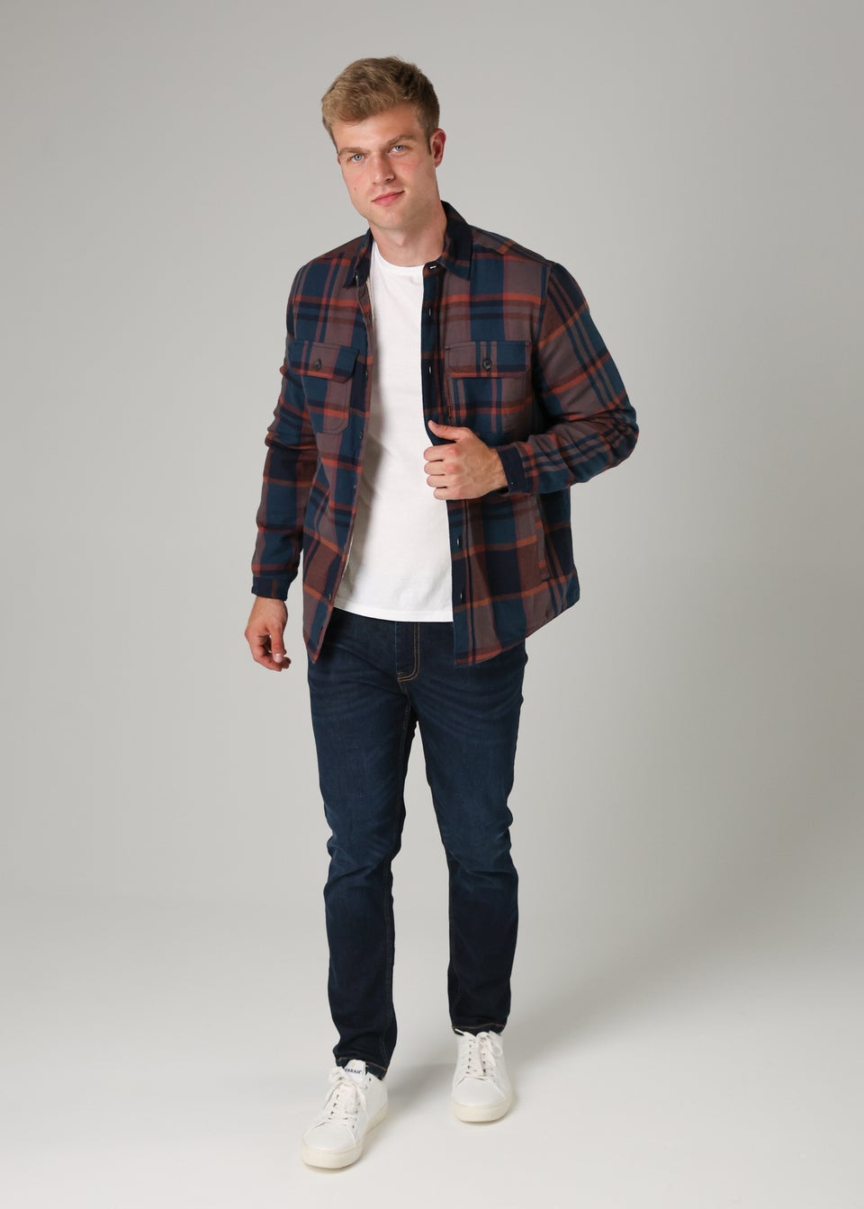 Tokyo Laundry Navy Cotton Checked Long Sleeve Shirt with Sherpa Lining