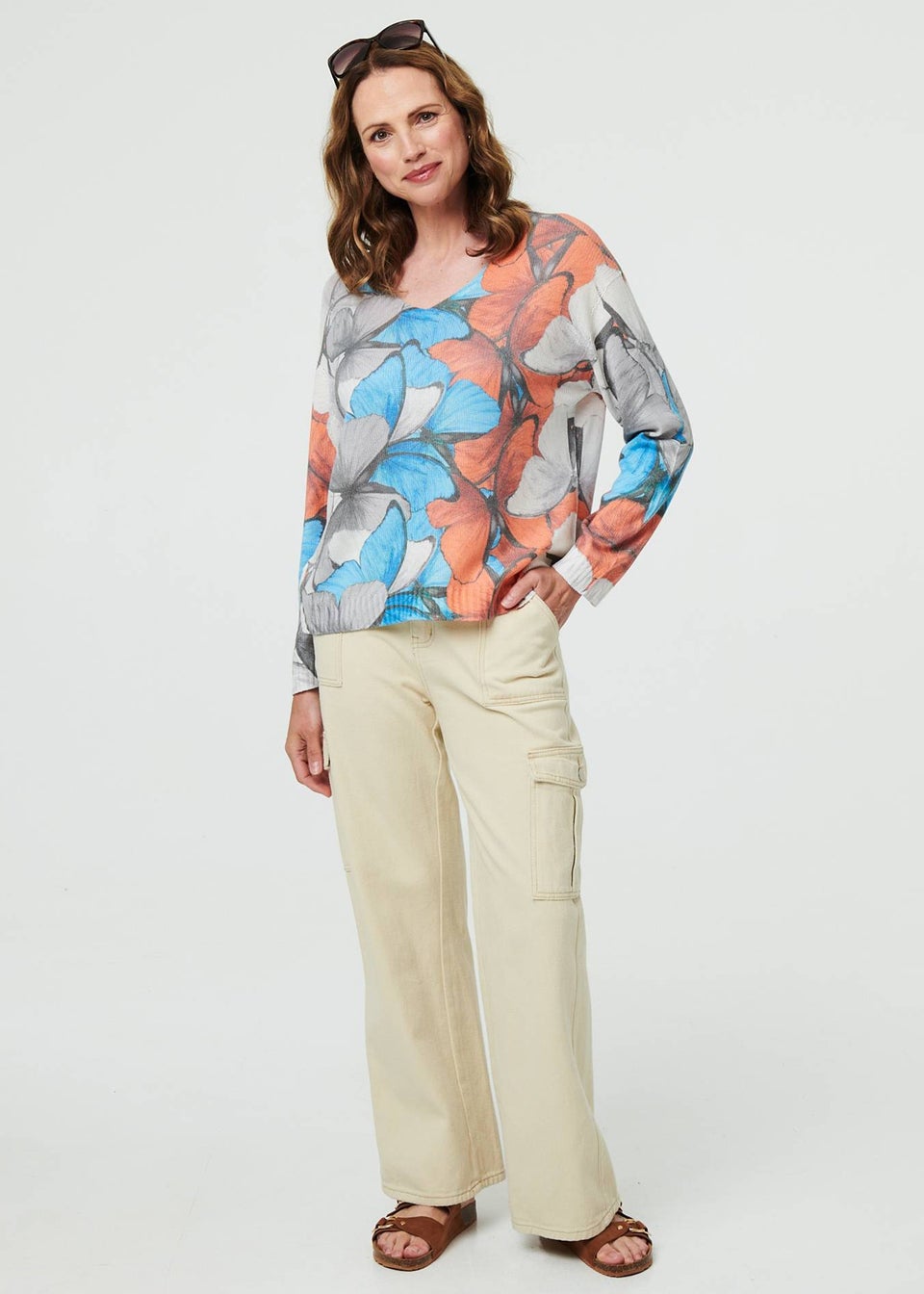 Izabel London Blue Butterfly Print Long Sleeve Relaxed Top