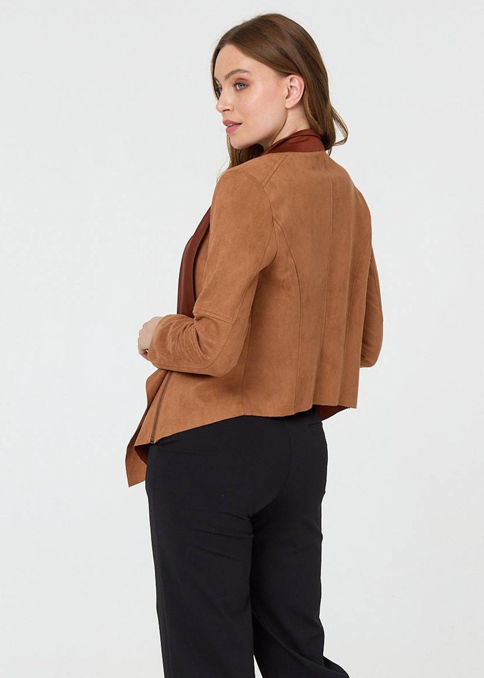 Izabel London Tan Waterfall Front Cropped Open Jacket