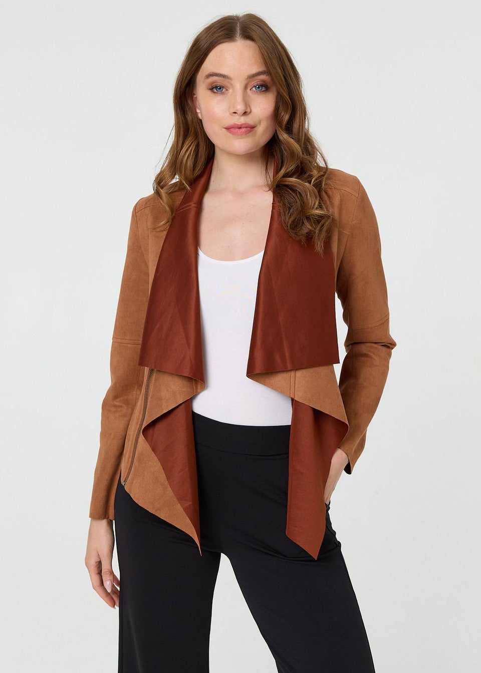 Izabel London Tan Waterfall Front Cropped Open Jacket