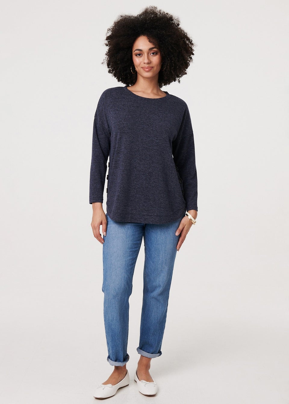 Izabel London Navy Relaxed 3/4 Sleeve Button Detail Top