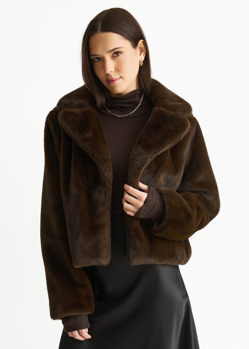 Gini London Coffee Crushed Look Faux Fur Cropped Jacket