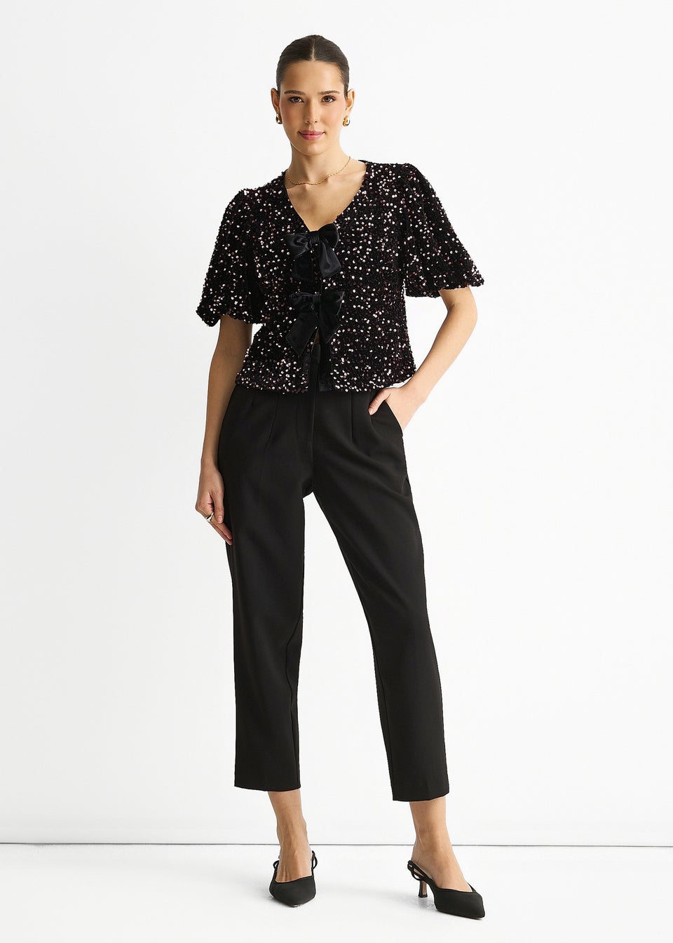 Gini London Purple Velvet Sequin Bow Front Bubble Sleeve Top