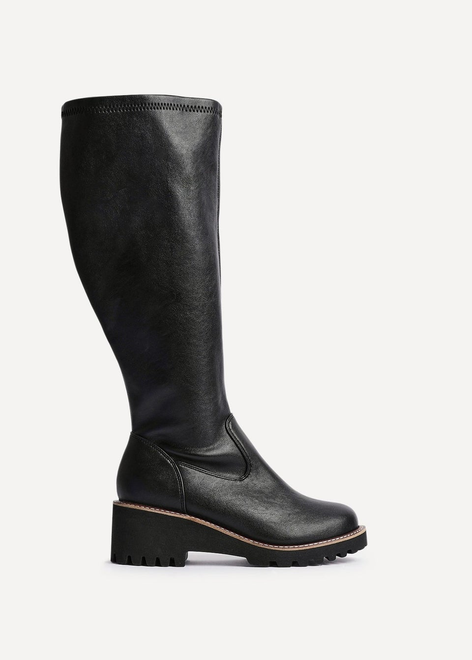 Linzi Maintain Wide Fit Black Faux Leather Stretch High Leg Wedge Boot