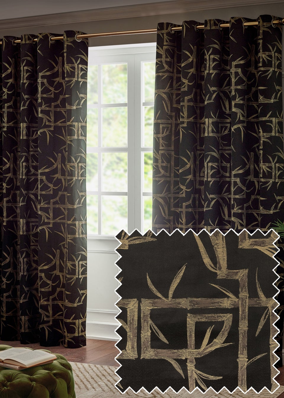 Paoletti Bamboo Jacquard Room Darkening Eyelet Curtain Pair Black