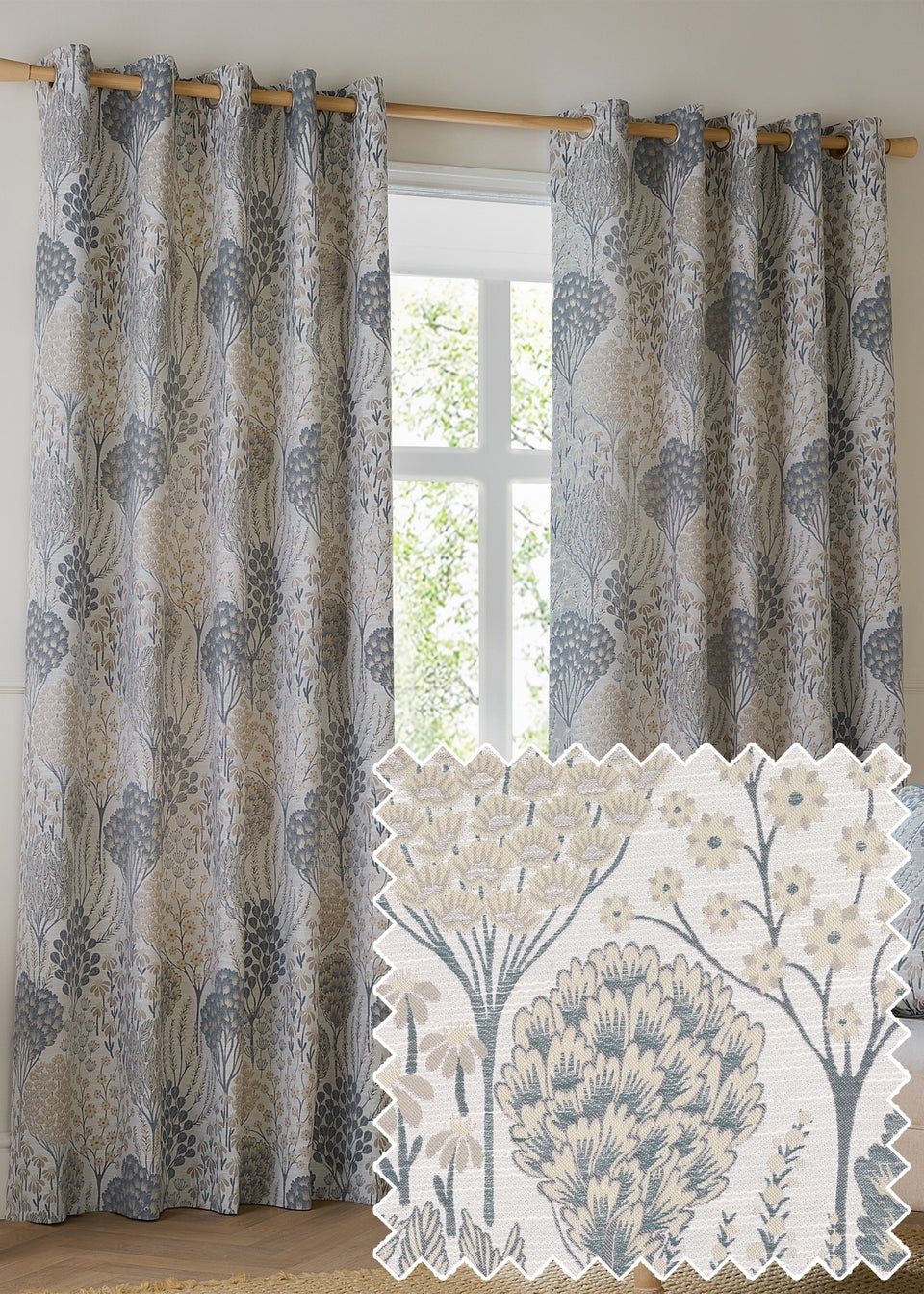 Wylder Nature Ophelia Floral Jacquard Room Darkening Eyelet Curtain Pair Wedgewood