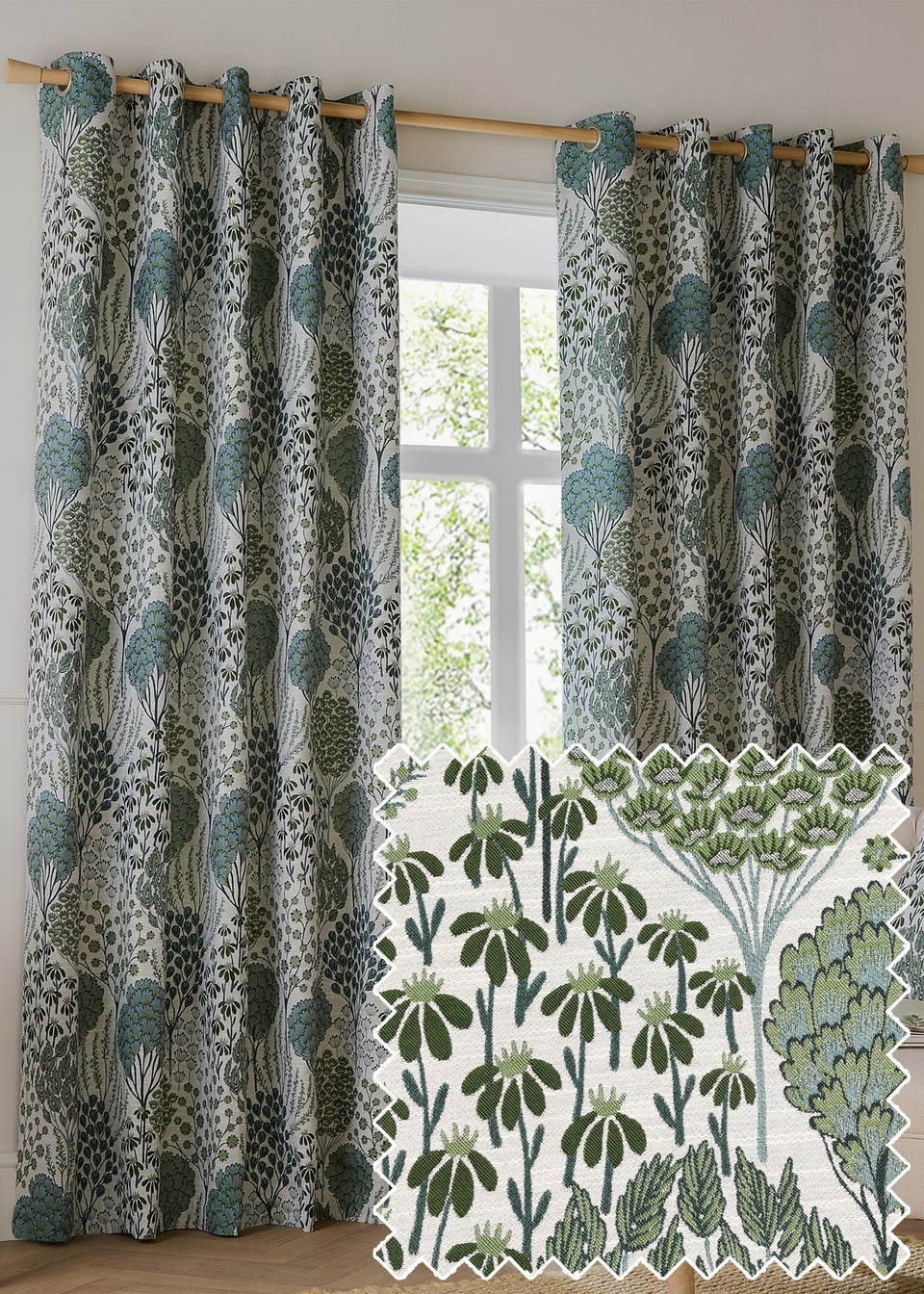 Wylder Nature Ophelia Floral Jacquard Room Darkening Eyelet Curtain Pair Thyme/Mineral