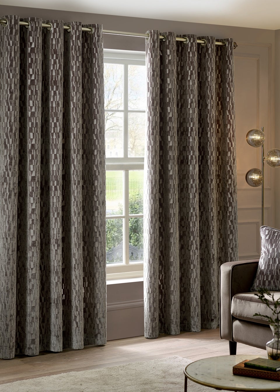 Paoletti Manhattan Velvet Room Darkening Eyelet Curtain Pair Mink