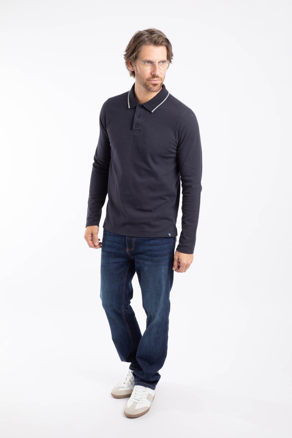 Weird Fish Midnight Theo Textured Long Sleeve Polo Shirt