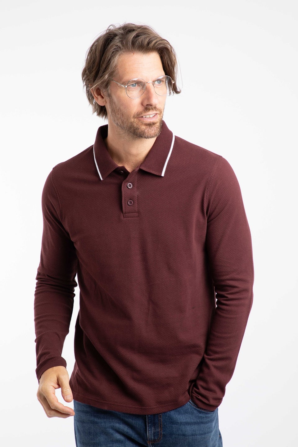 Weird Fish Bitter Chocolate Theo Textured Long Sleeve Polo Shirt