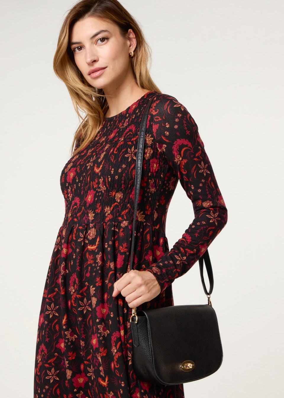 Blue Vanilla Black Frill High Neck Shirred Waist Paisley Dress