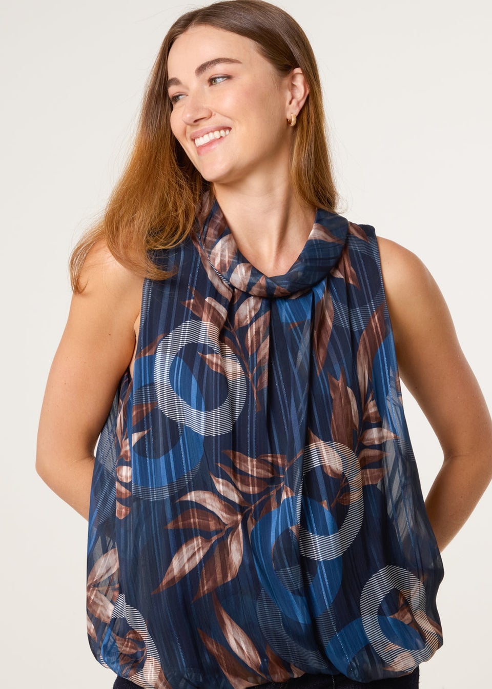 Blue Vanilla Navy Sleeveless Cowl Neck Metallic Print Blouse