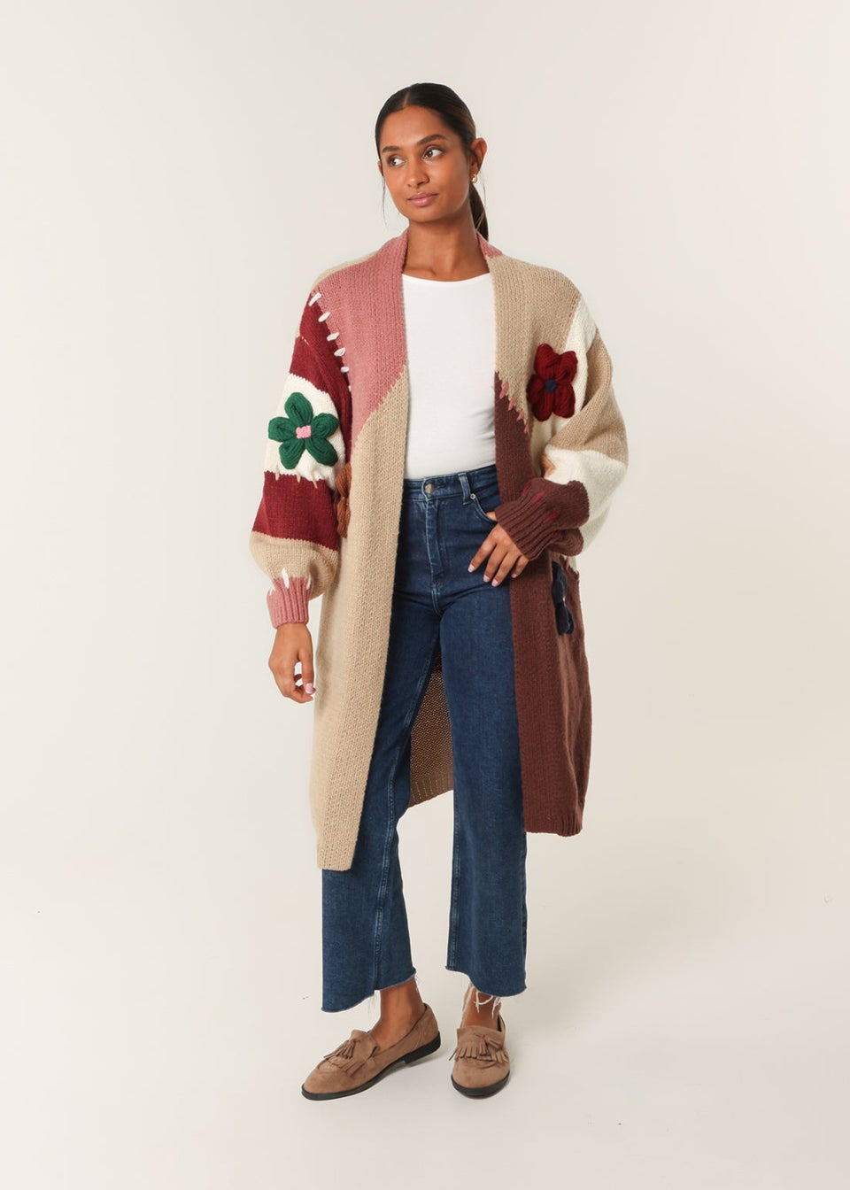 Blue Vanilla Brown Colour Block 3D Flower Longline Cardigan