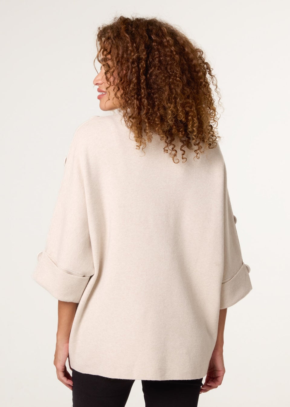 Blue Vanilla Beige High Neck Fabric Button Sleeve Jumper