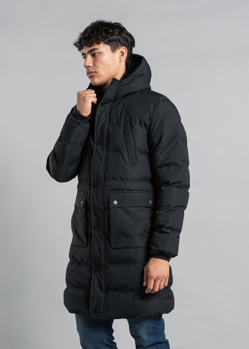 Nines Black Longline Funnel Neck Hooded Padded Jacket