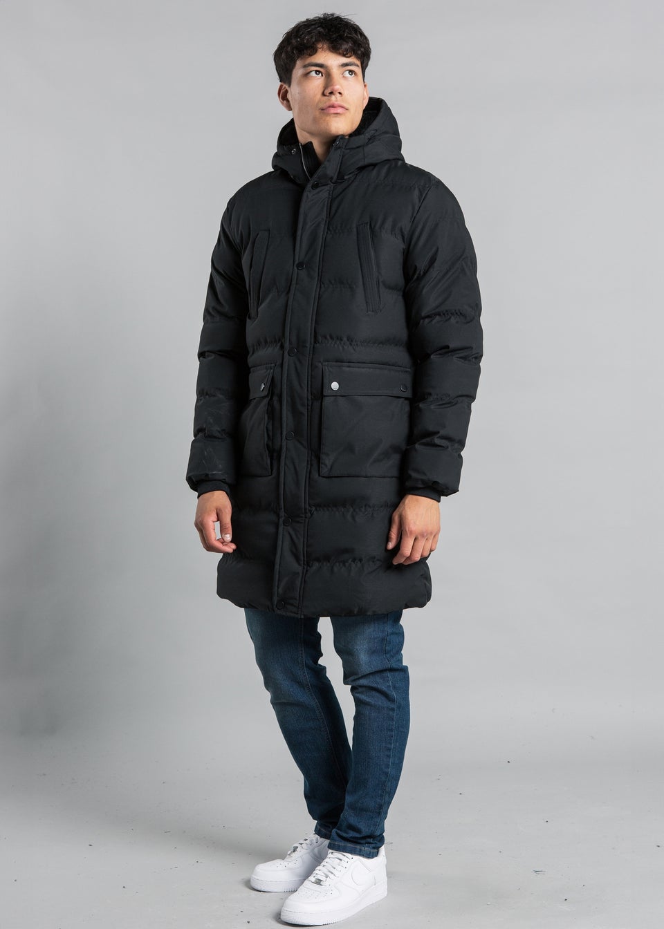 Nines Black Longline Funnel Neck Hooded Padded Jacket