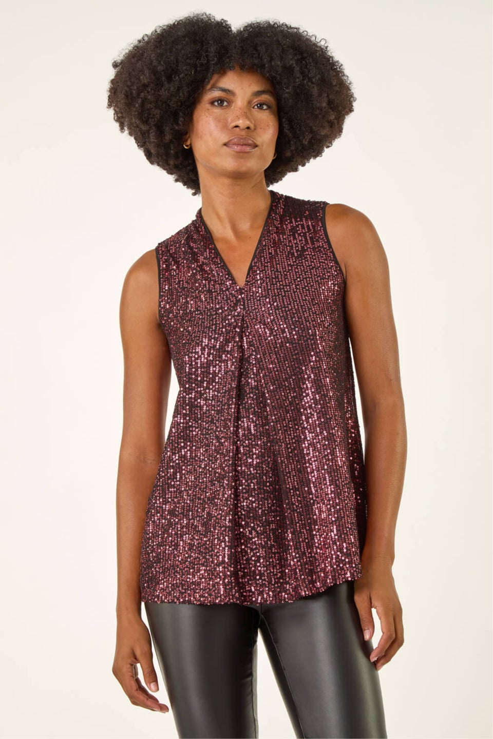 Roman Rose Sequin Pleat Front Vest Top