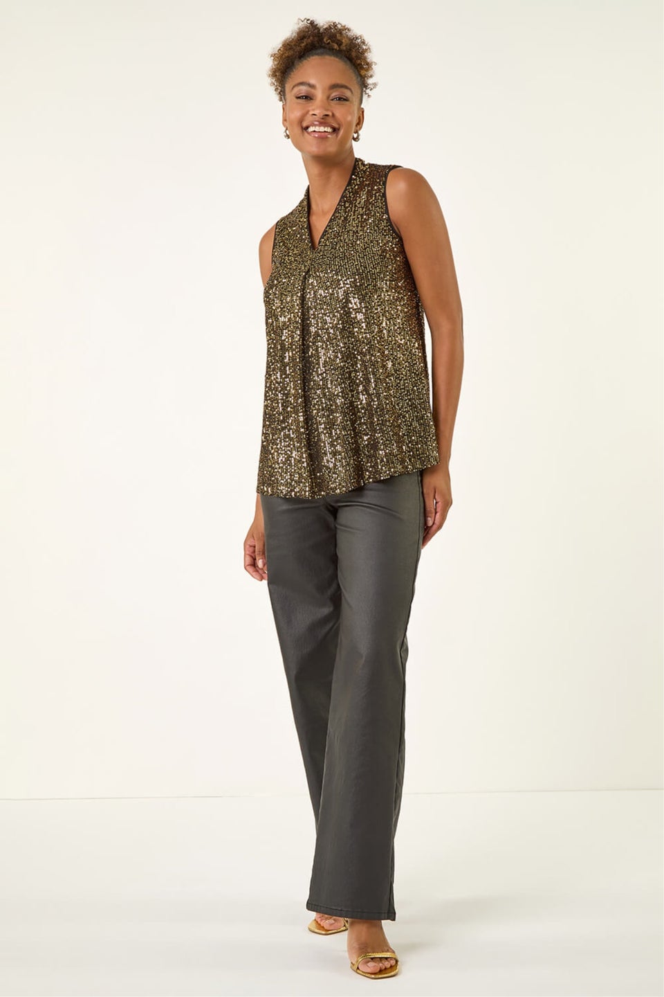 Roman Gold Sequin Pleat Front Vest Top