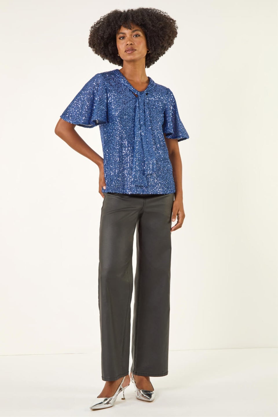 Roman Blue Sequin Tie Neck Top