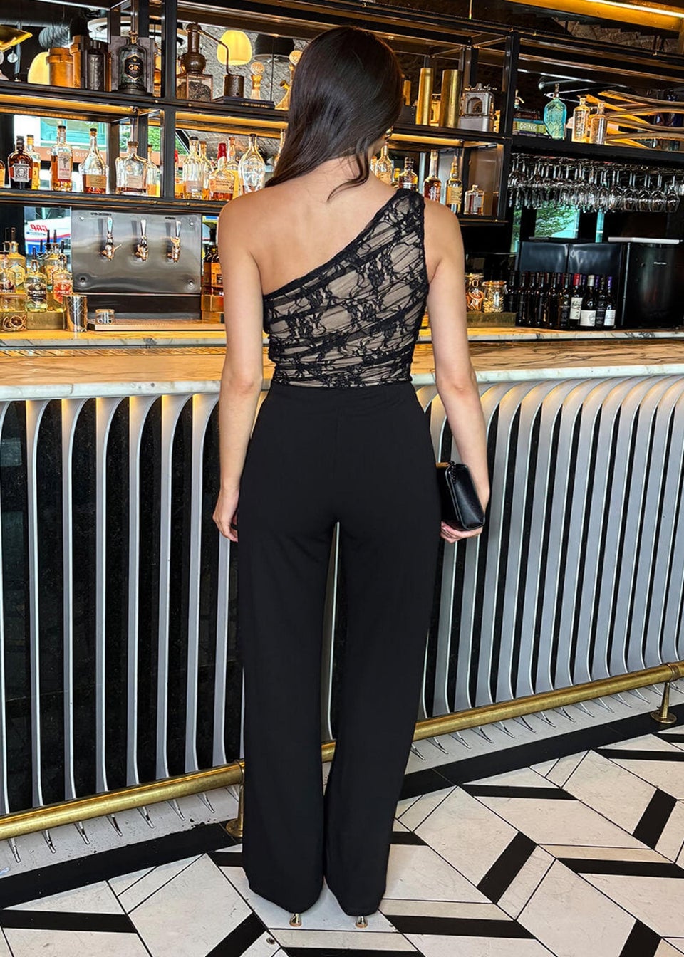 AX Paris Black 2 in 1 Contrast Lace Top One Shoulder Jumpsuit
