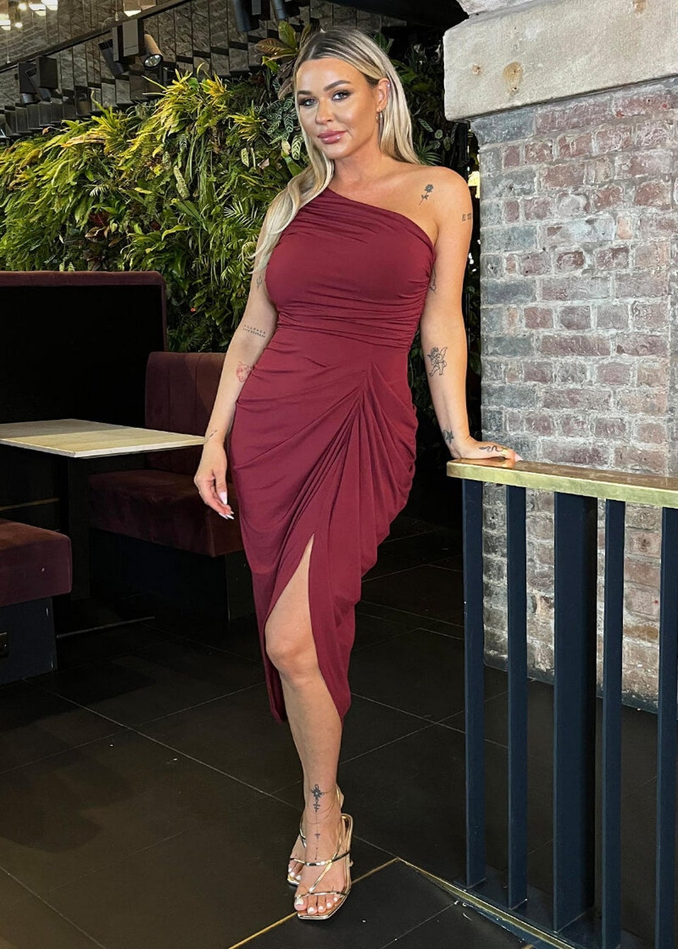AX Paris Burgundy One Shoulder Gathered Skirt Midi Dress