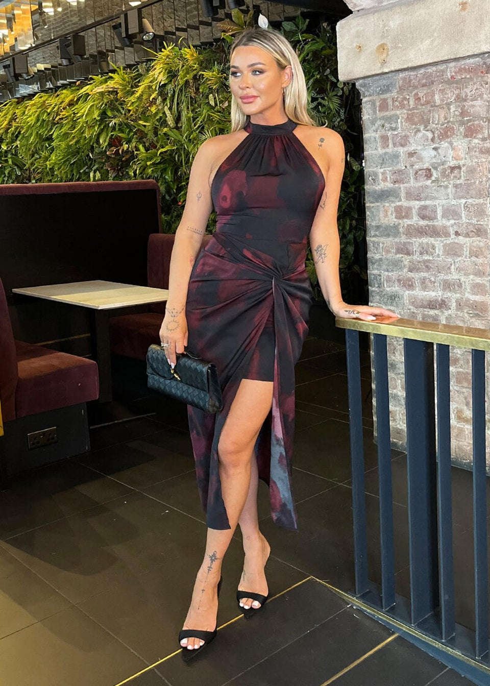 AX Paris Burgundy And Black Smudge Print Halter Neck Knot Skirt Midi Dress