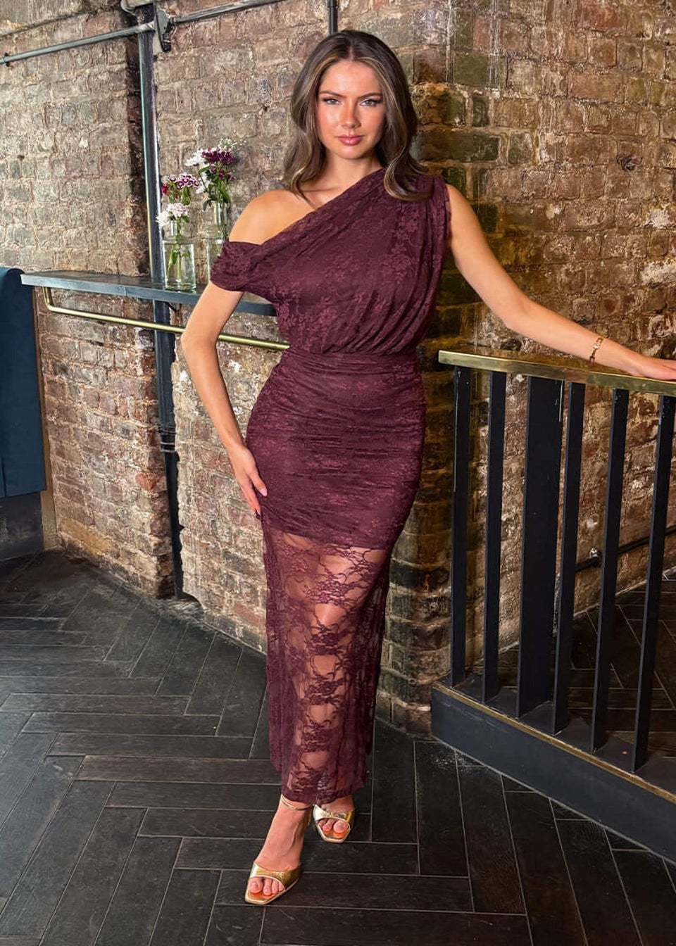 AX Paris Plum Lace Overlay Off The Shoulder Midi Dress