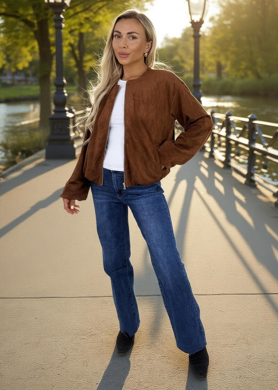AX Paris Tan Faux Suede Bubble Hem Bomber Jacket