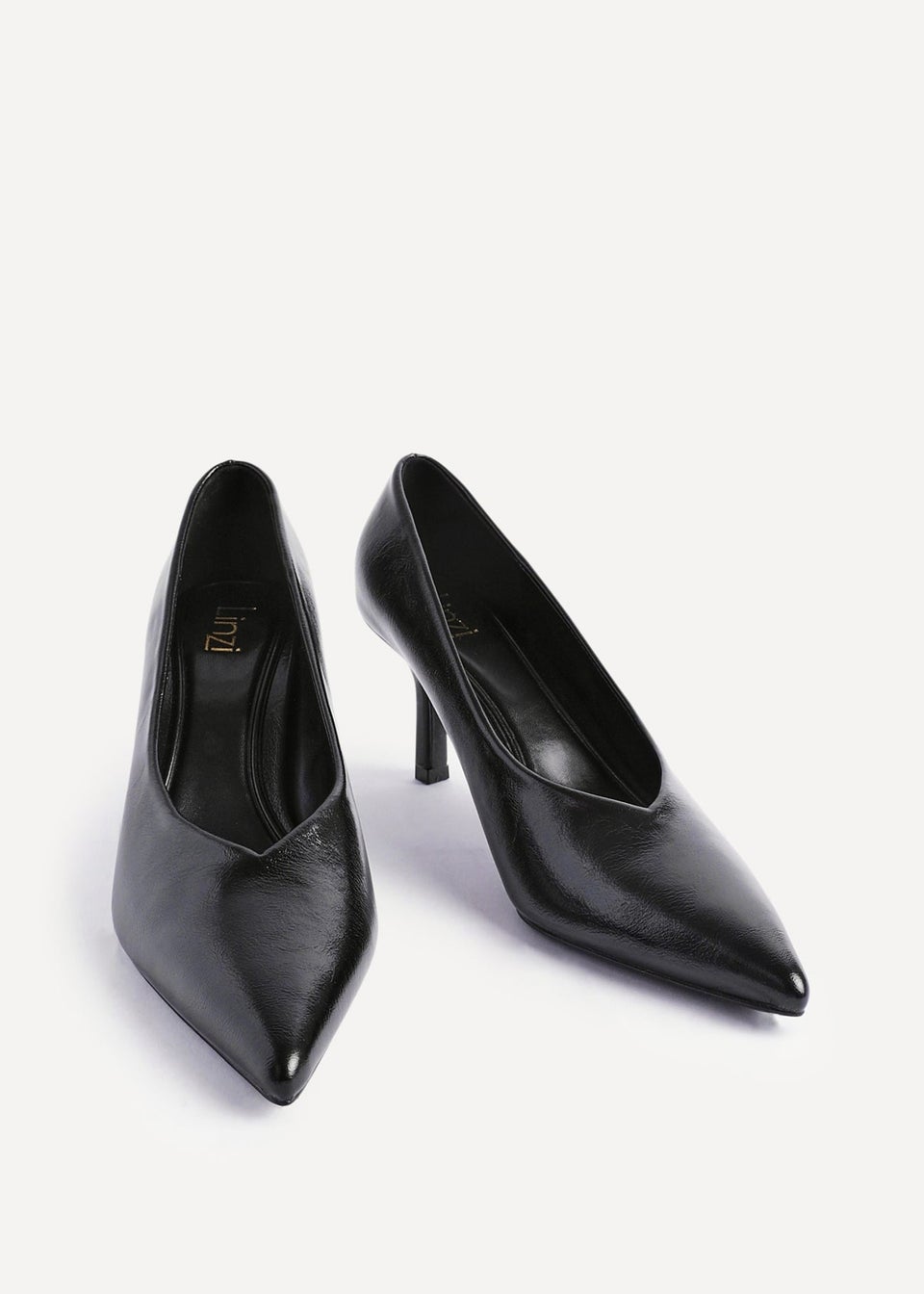 Linzi Bellamy Black Faux Leather V-Cut Vamp Court Heels