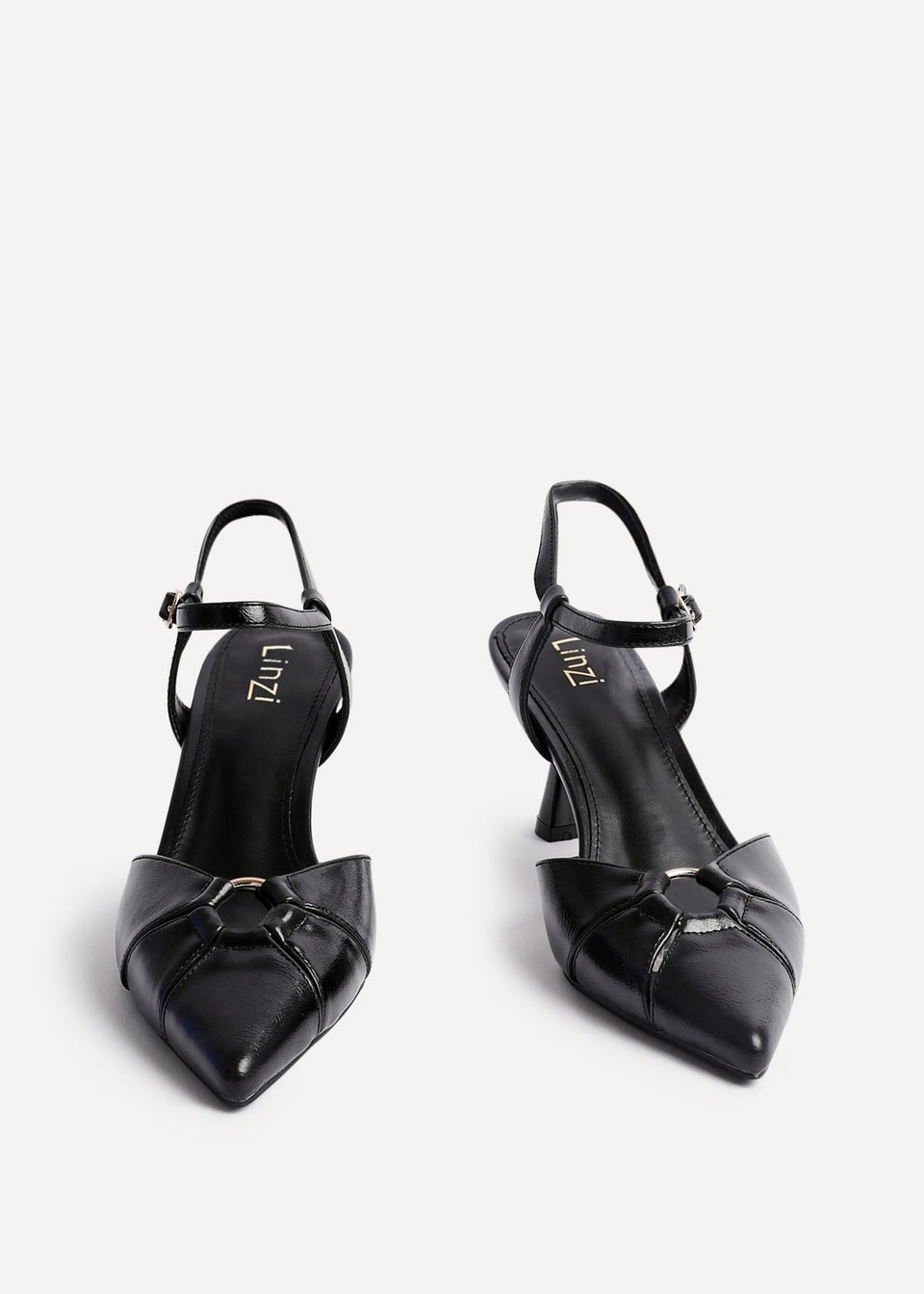 Linzi Pivot Black Faux Leather Stiletto Court Heel