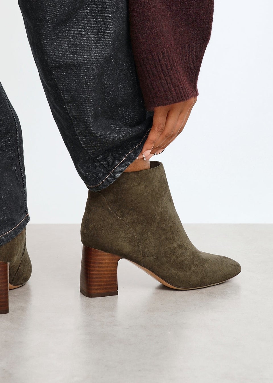 Linzi Cove Khaki Faux Suede Soft Square Toe Block Heel Ankle Boot