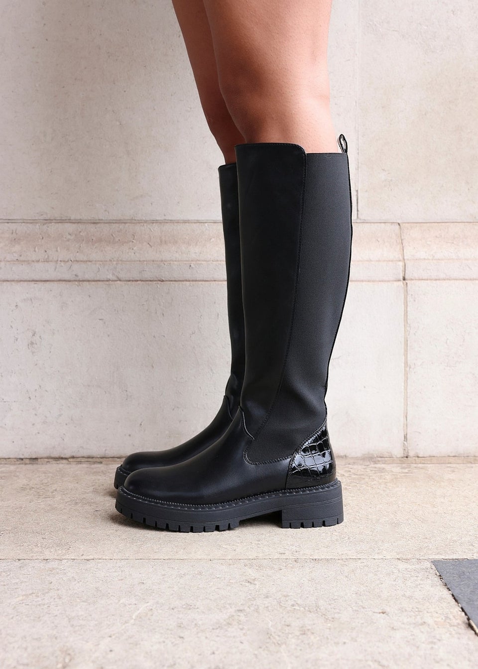 Linzi Swift Black Faux Leather & Croc Knee High Boot