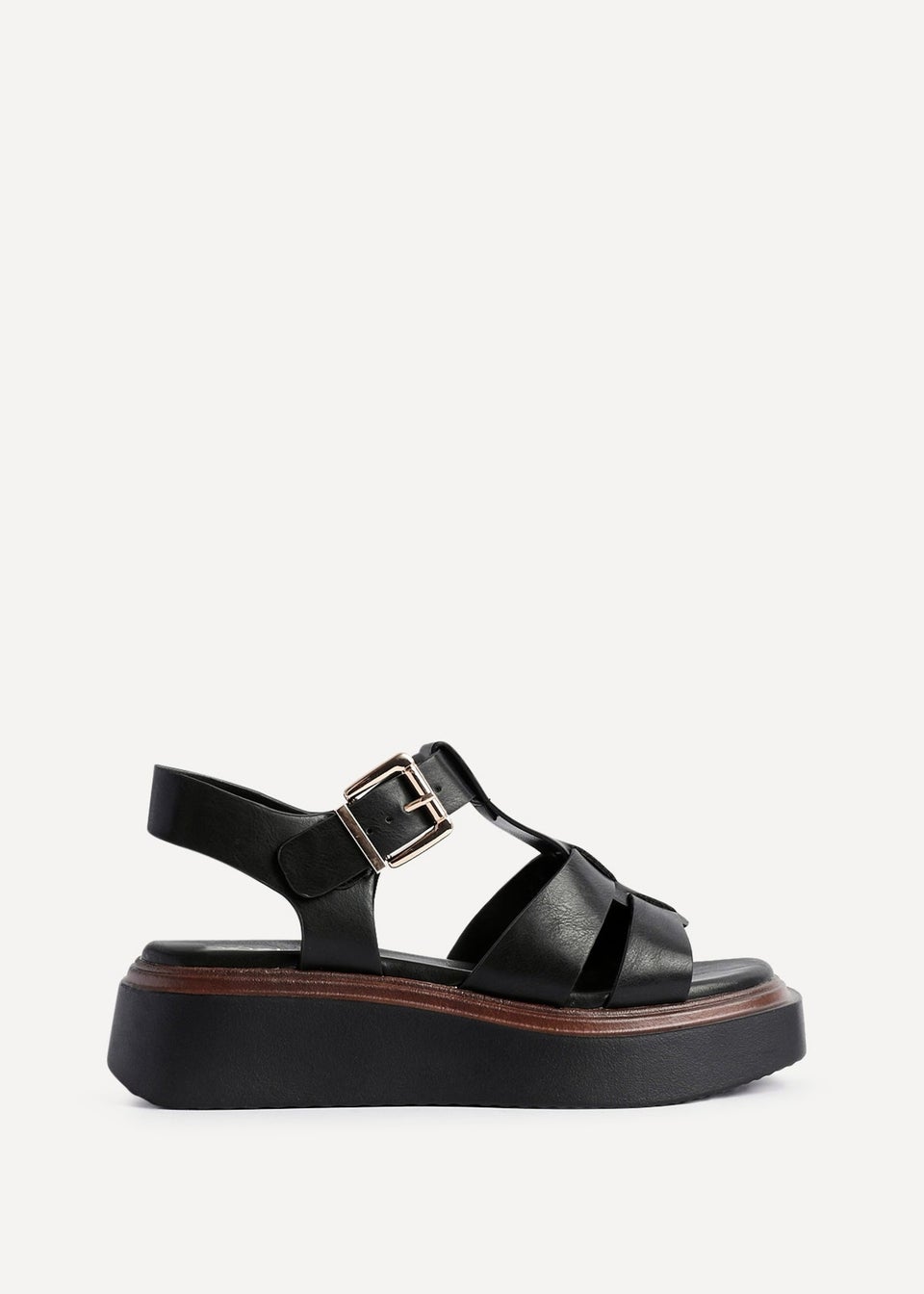 Linzi Retract Black Faux Leather Gladiator Style Flatform Sandals