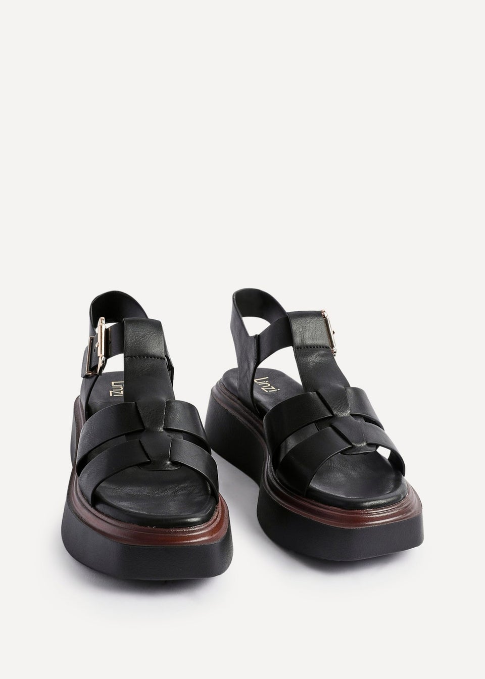 Linzi Retract Black Faux Leather Gladiator Style Flatform Sandals