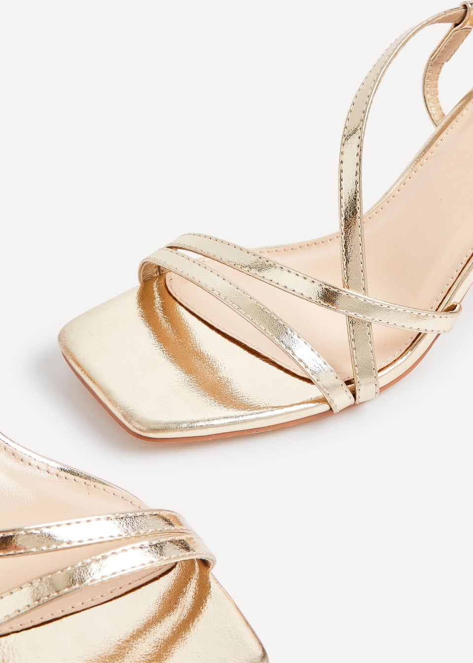 Linzi Cassie Wide Fit Gold Faux Leather Strappy Square Toe Heeled Sandal