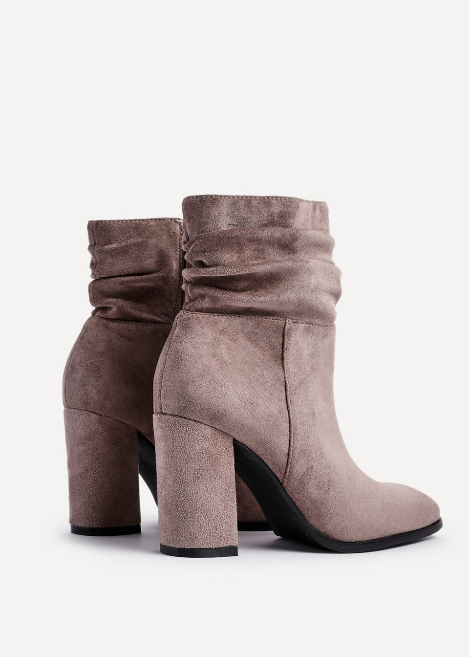 Linzi Mila Mocha Faux Suede Ruched Square Toe Block Heeled Ankle Boot