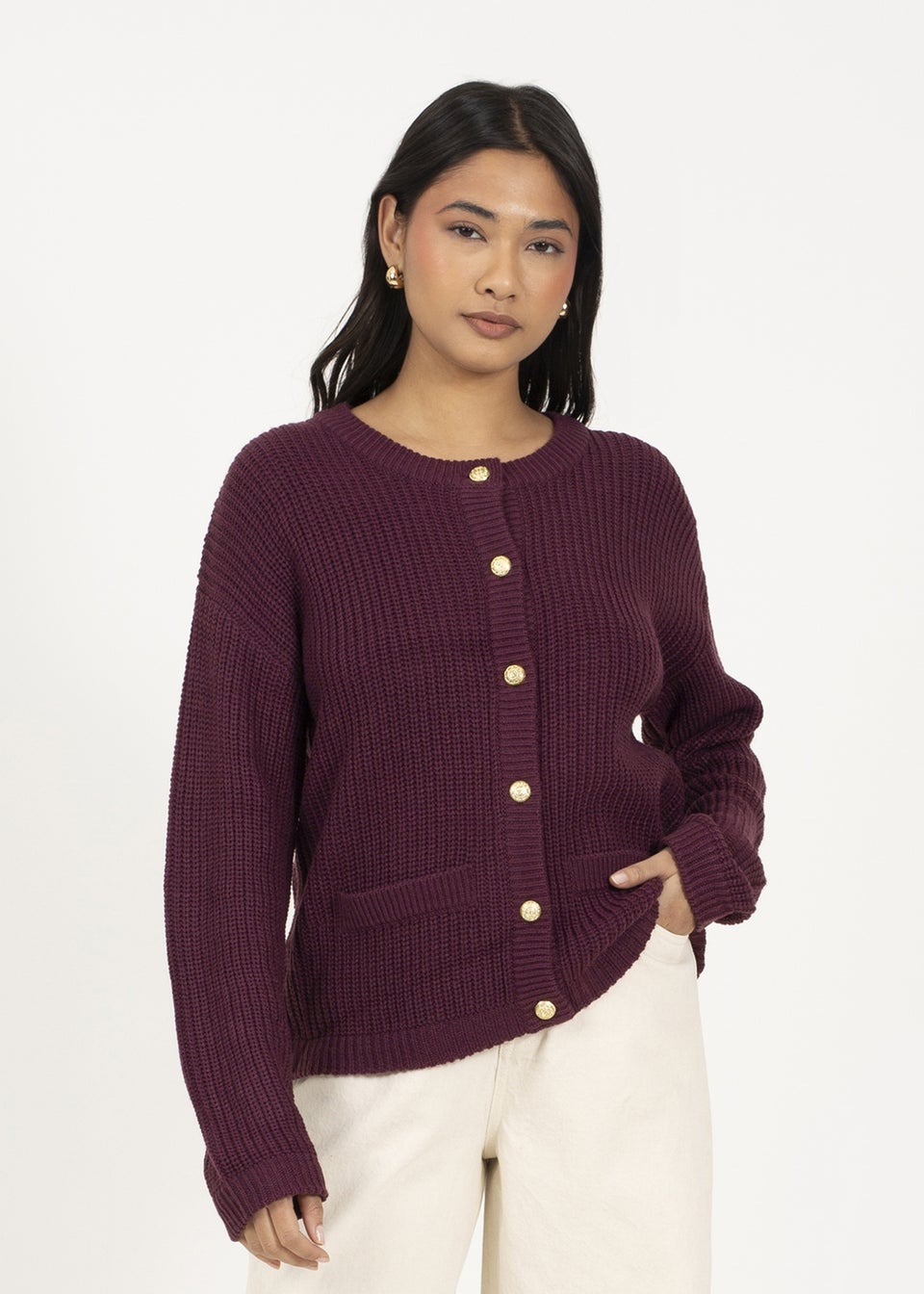 Brave Soul Burgundy Round Neck Fisherman Knit Cardigan