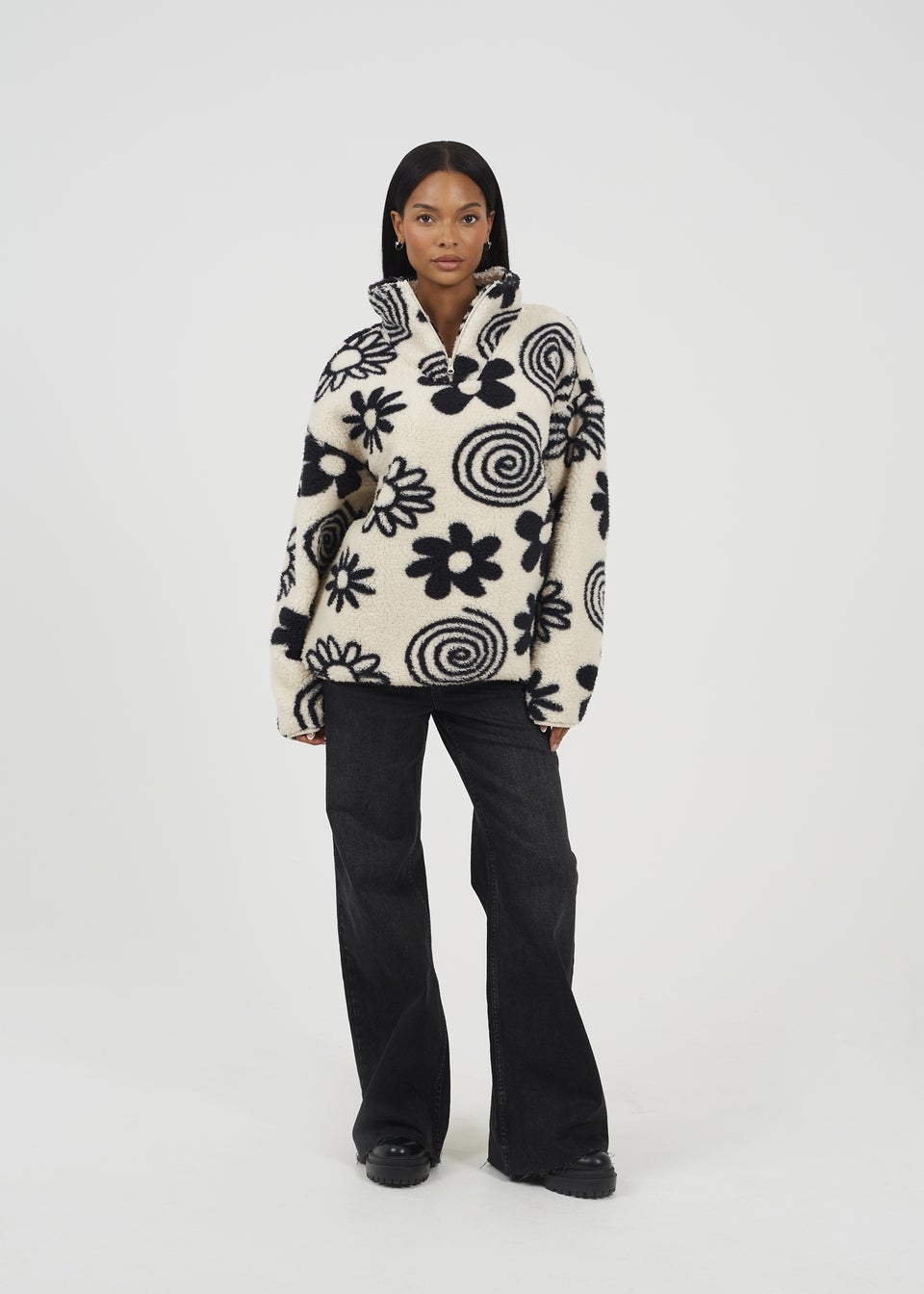 Brave Soul Cream Quarter Zip Flower Print Sherpa Fleece
